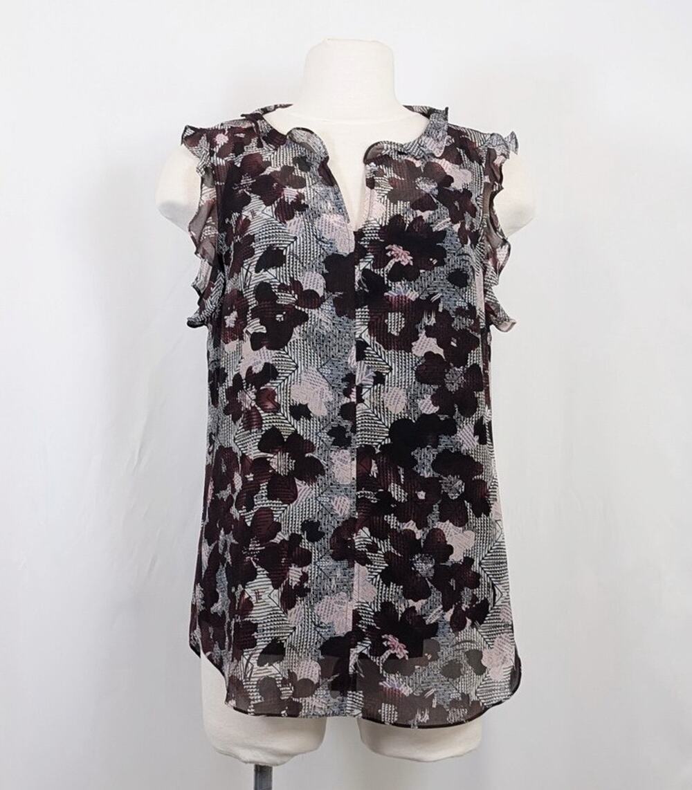 CAbi Blouse Weaver Floral Ruffle Sleeveless Black Cami Tank Women's Size L 3618